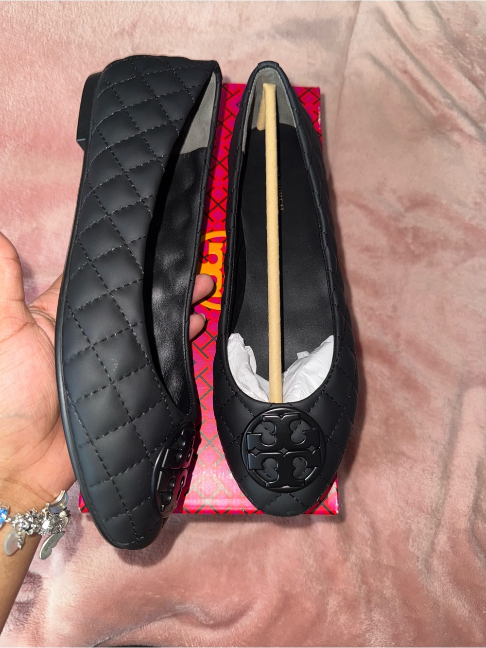Tory Burch Black Quilted Logo Round-Toe Flats